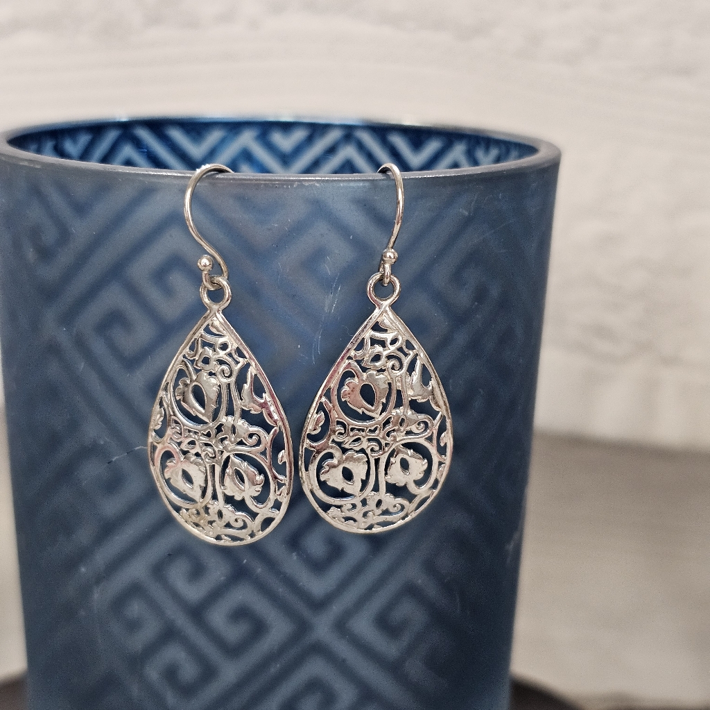 Ibb Teardrop Filigree Cutout Drop Earrings 925 Silver Like-New